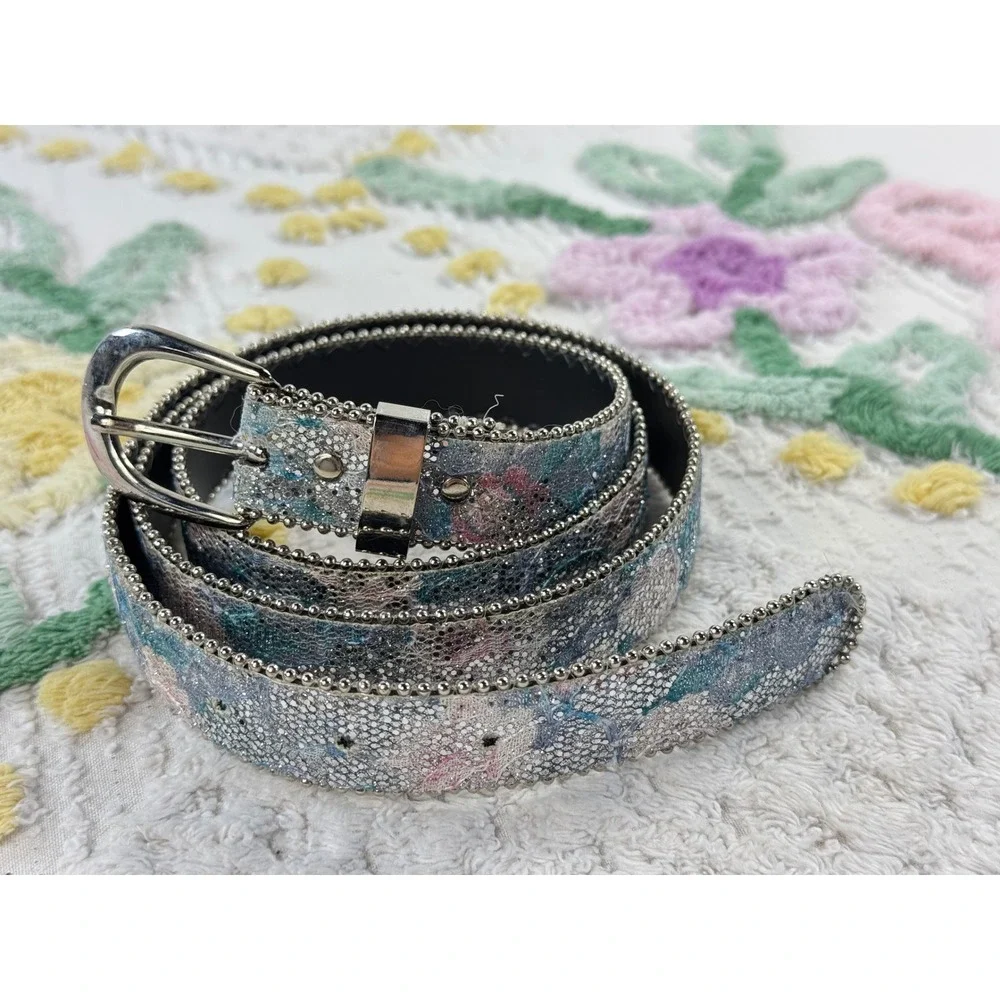 Floral Lace Glitter Belt with Ball Chain Trim Silver Buckle Pastel Y2K XL